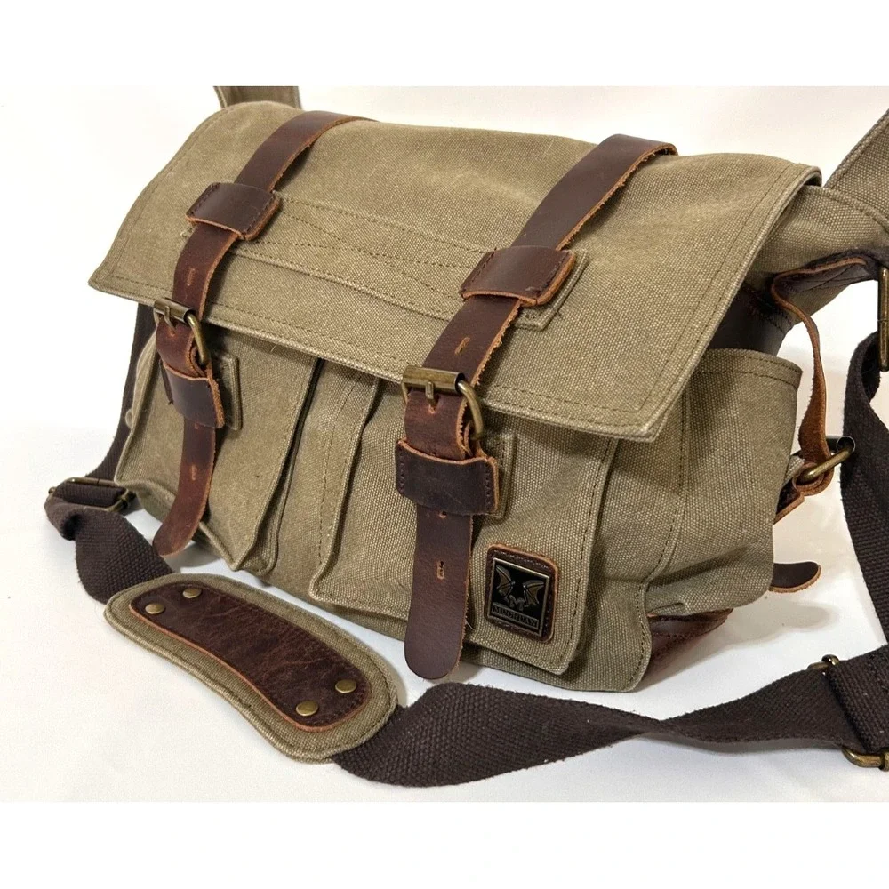 Military Leather Canvas Laptop Bag Messenger Medium Olive Travel Crossbody